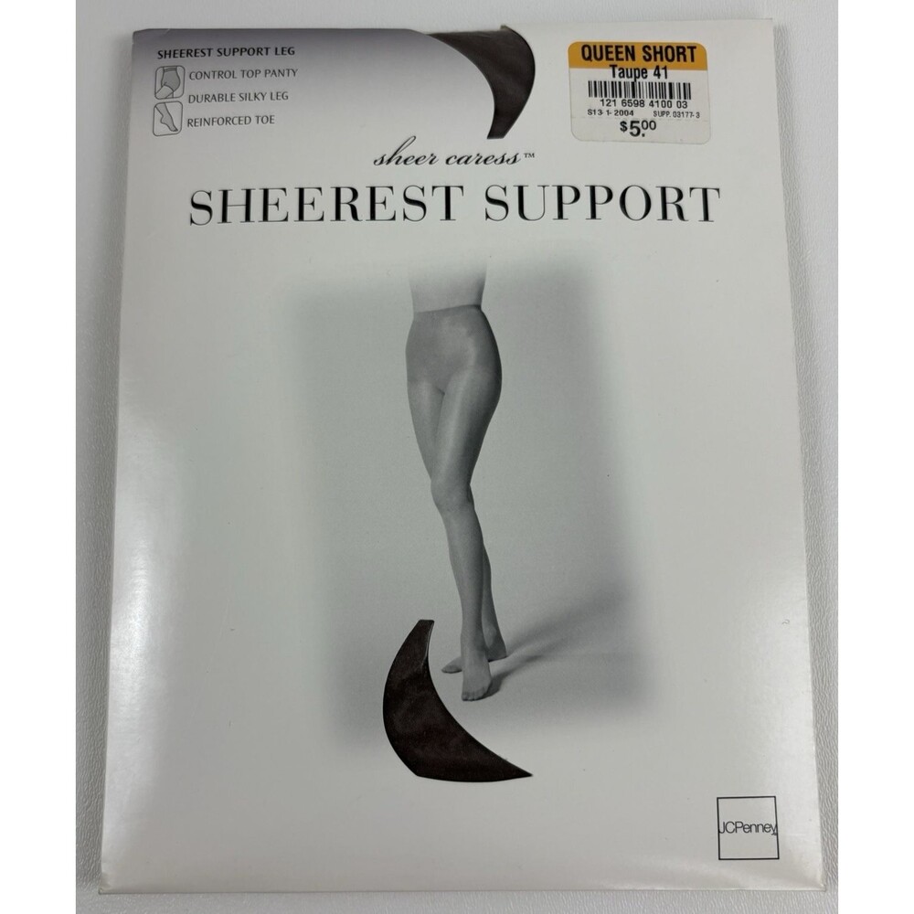 VTG JCPenney Sheer Caress Sheerest Support Pantyhose Queen Short Taupe NOS NIP